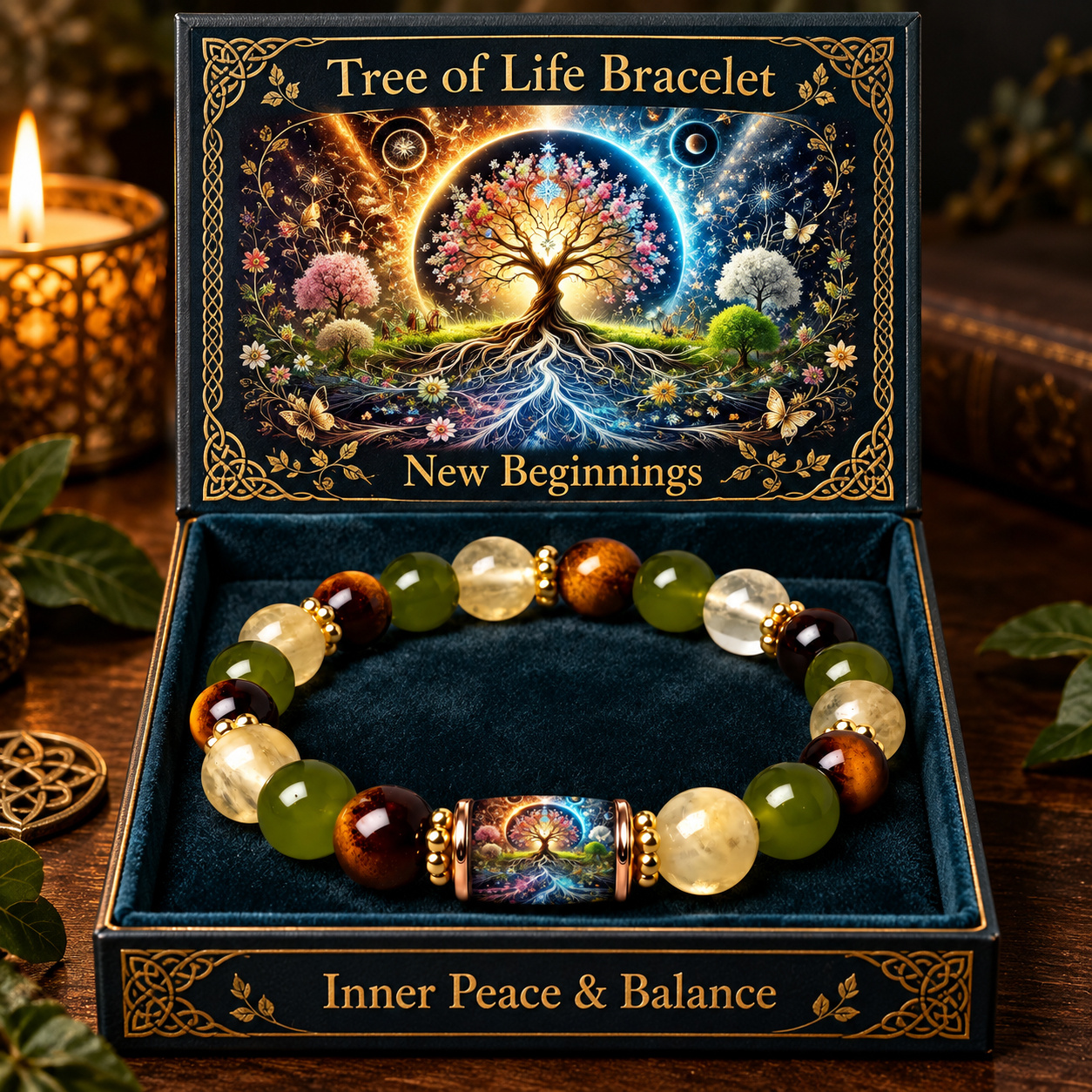 TEMU Bracelet extensible réglable avec perles d'espacement plaquées et perles de 8 mm en naturelle Arbre de Vie, Bijou cadeau pour l'