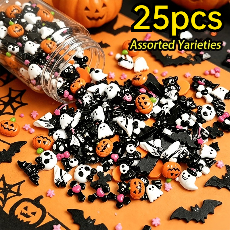 TEMU 25pcs Halloween Mixed Resin Nail Charms Set Flat Back Pumpkin Bat Black Cat Decorations For Nail Art Scrapbooking Diy Crafts Hair Clips Phone