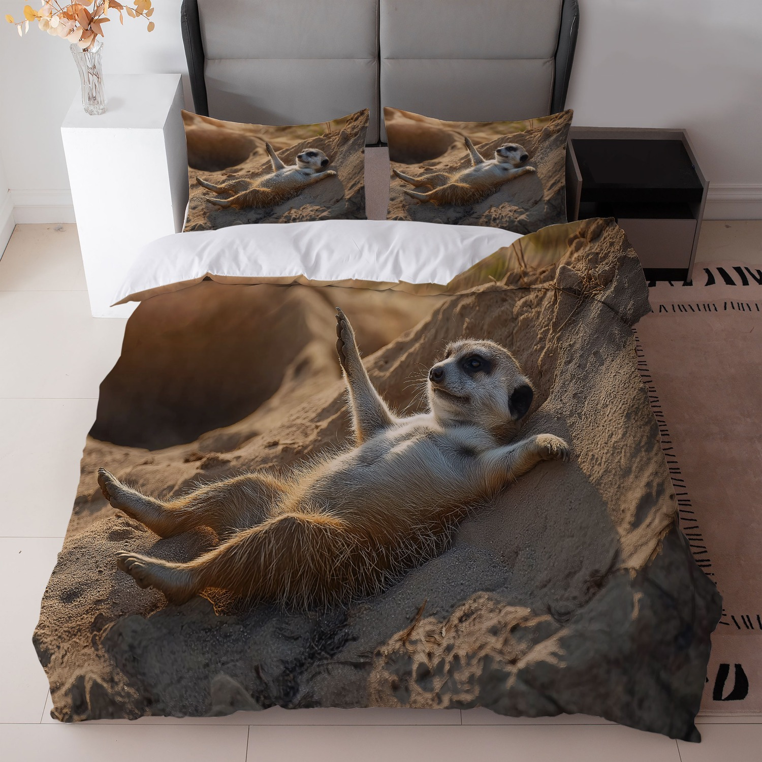 3 teiliges bettwäsche set meerkatzen design braun sand