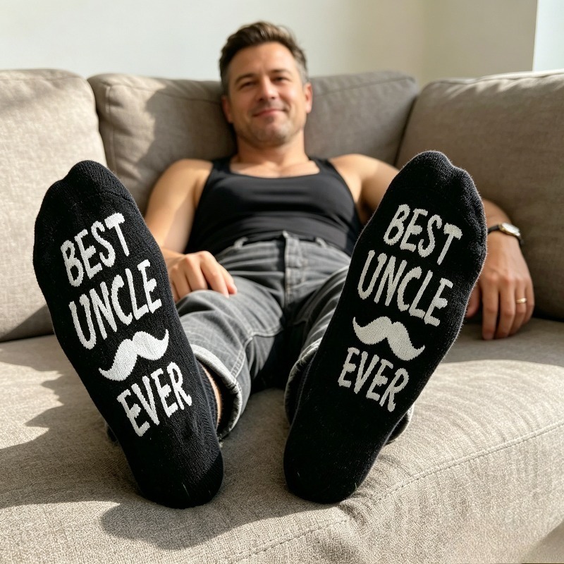 TEMU 1 Pair Of " Uncle" Mustache Print Men's Mid-calf Socks, Featuring A Base With Patterns. Made From High-stretch Fabric For A , Socks Are Perfect