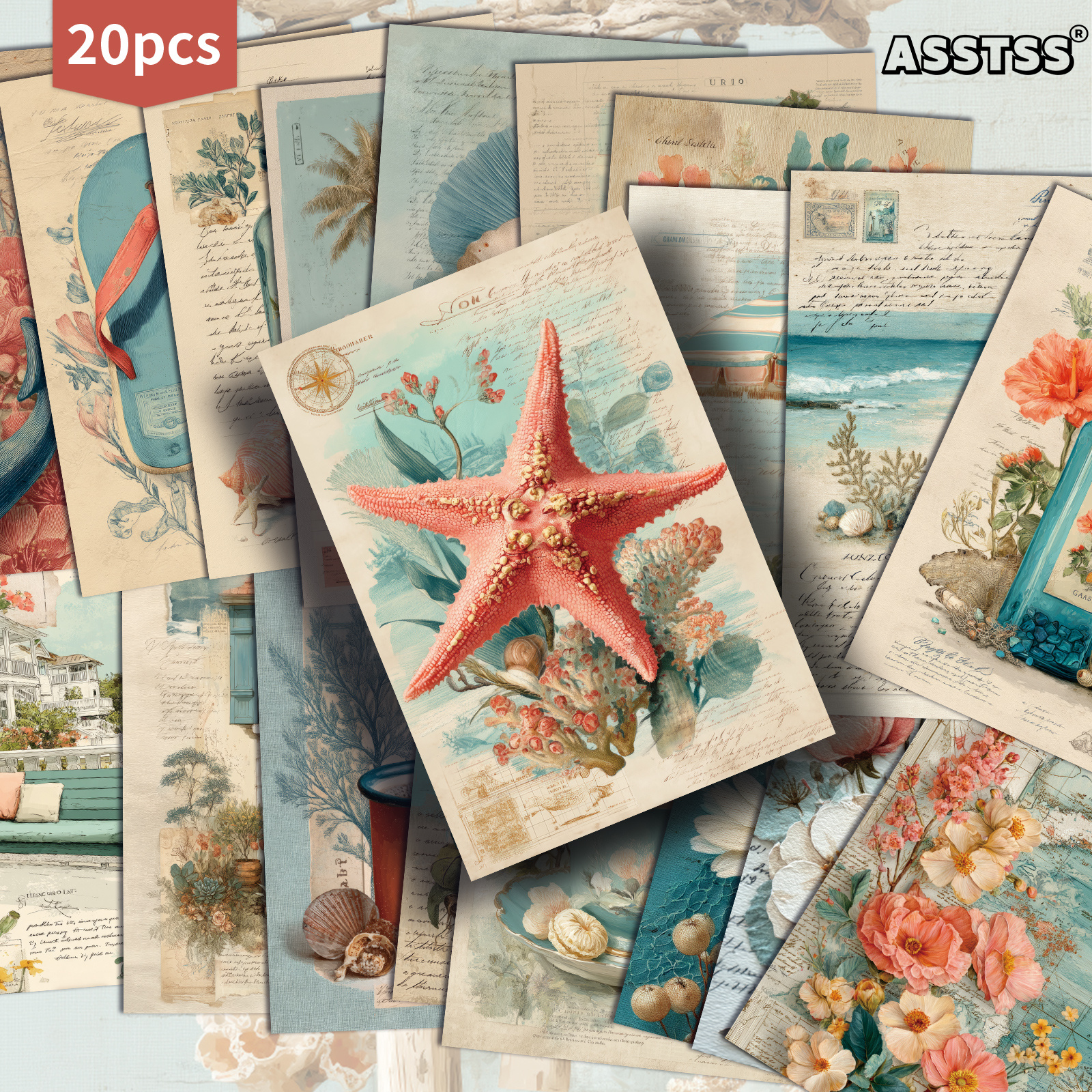 TEMU 20-pack Asstss Retro Summer Beach Gift Card - 4x6 Inches Retro Junk Journal Paper, Classic Pinup Illustrations Collectible Decorative Painting