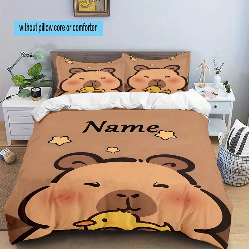 

3pcs Custom Name Bedding Set Capibara Printed Duvet Cover Closure Includes 1 Duvet Cover & 2 Pillowcases For All Bedroom Decor Christmas Decoration Birthday Gift