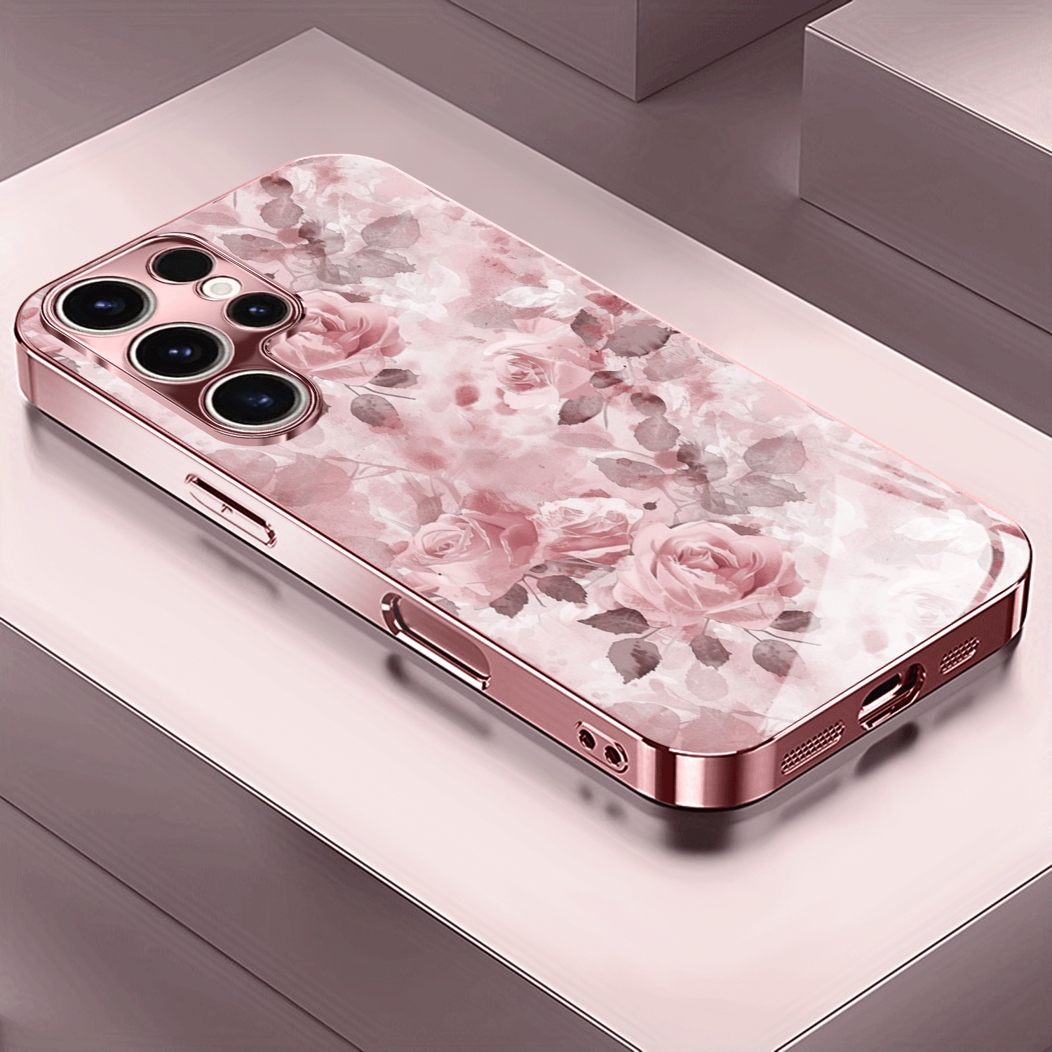 TEMU Phone Case - Floral Pattern Rose Golden/electroplated Pink Phone Case Cover For Galaxy A51/a52/a53 5g/a54/a55/a56/a71/a72/a73/note 10/note 20