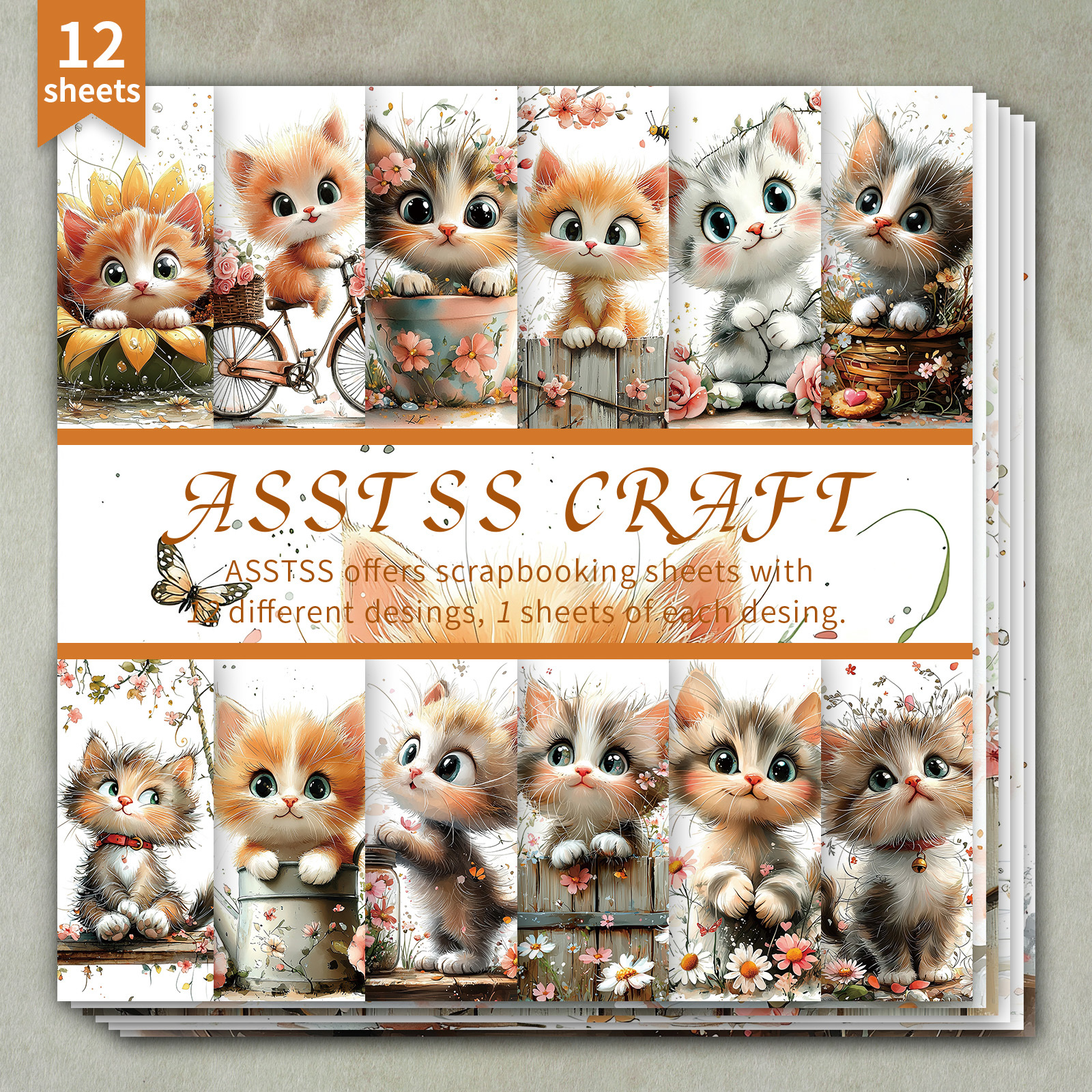 TEMU 12-sheet Asstss 6*6-inch Scrapbooking Paper Pad, Cute Cat Fresh Illustration Style Backing Paper Supplies, Heavyweight Cardstock For Journaling,