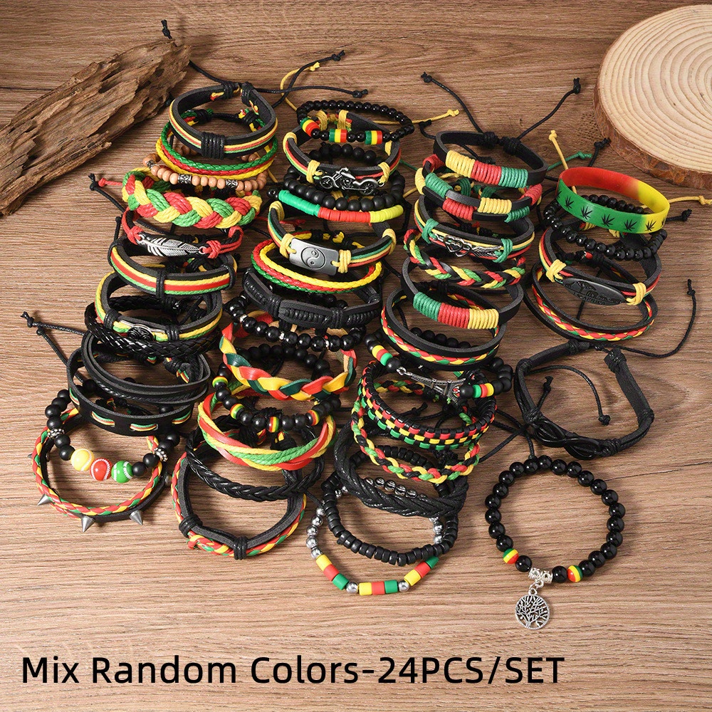 TEMU 12-24pcs Bohemian Style Handmade Woven Faux Leather Bracelet Mixed Set For Men, Father's Day Gift, Random Color