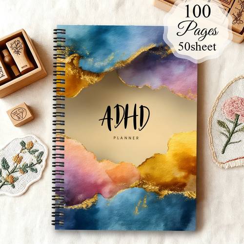 ästhetik adhd planer spiralblock - aquarell goldfolie neurodiversität tagebuch mit täglicher -liste, fokus-verbesserungstools & journal organisationssystem für adhd/add, zur verfolgung von routinen, terminen, & ausgaben - ideal