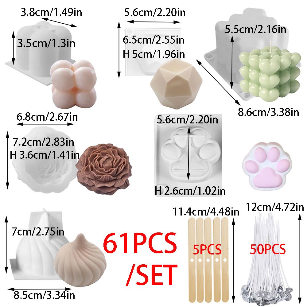 E-shop 61-teiliges/Set Silikon Kerzenform Set inklusive 50 Dochte, 5 Docht Halter, Geometrie Blasen Rose Harzformen, Bastelbedarf für