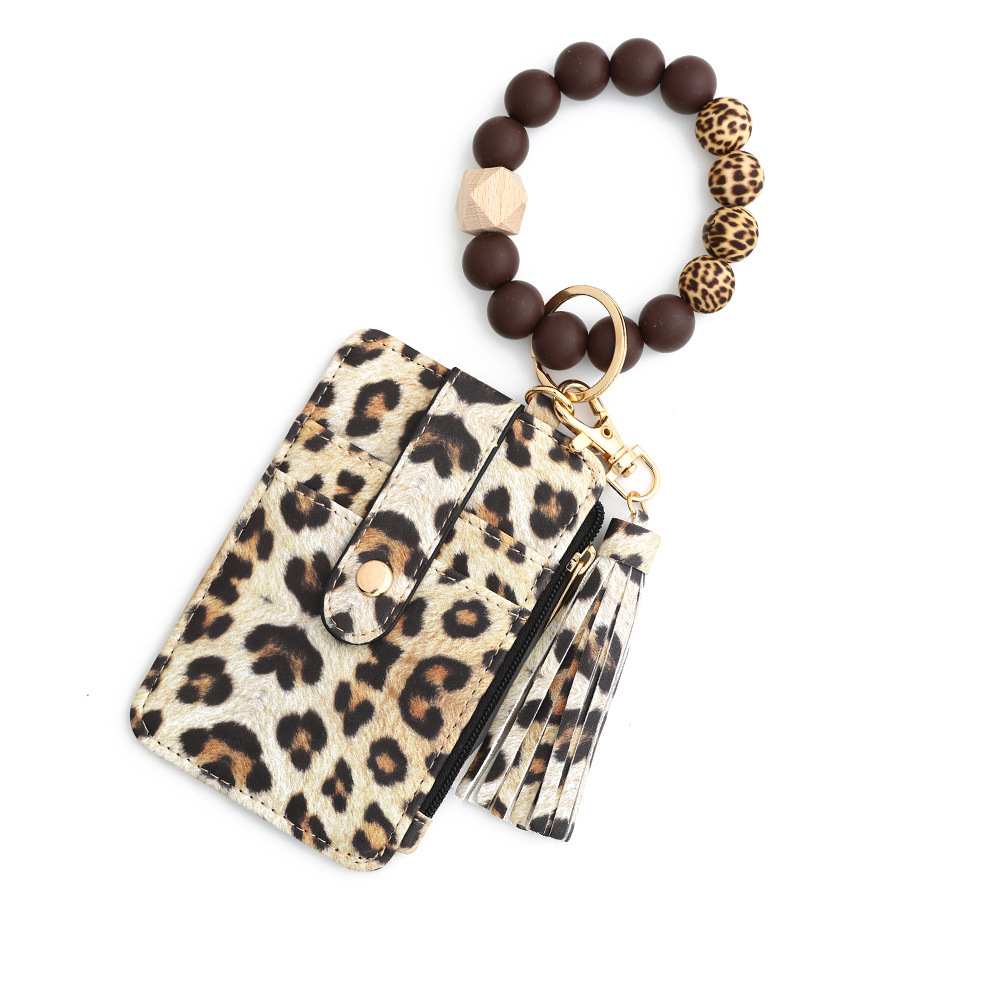 TEMU Solid Color Pu Keychain + Zipper Card Bag -one Detachable Silicone Bead Beaded Ornament ( Optional)