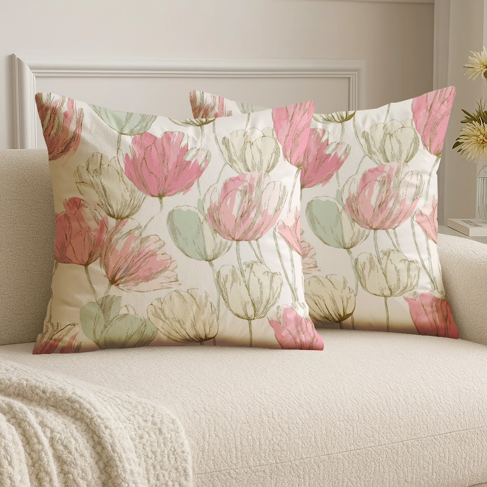 TEMU 2pcs Stylish Floral Throw Pillow Covers, Soft Pink And Sage Green Tulip Pattern, Zipper Closure, Machine Washable, No Pillow Insert, Decor