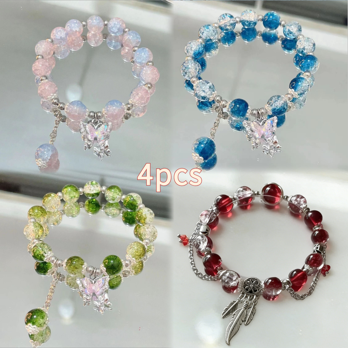 TEMU 4pcs Colorful Crackle Glaze Beaded Bracelet Set For Women, Stretchy Bohemian Style & Dreamcatcher Pendant Jewelry, Suitable For Easter, Mother's