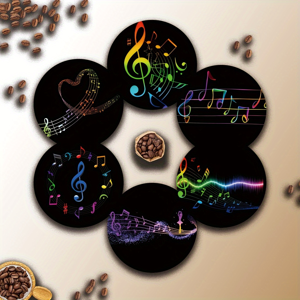 TEMU 6pcs Set Of Musical Note Pattern Wooden Coasters - Heat-resistant, Suitable For Drinks And Coffee - Office, Kitchen, Dining Table Decoration -