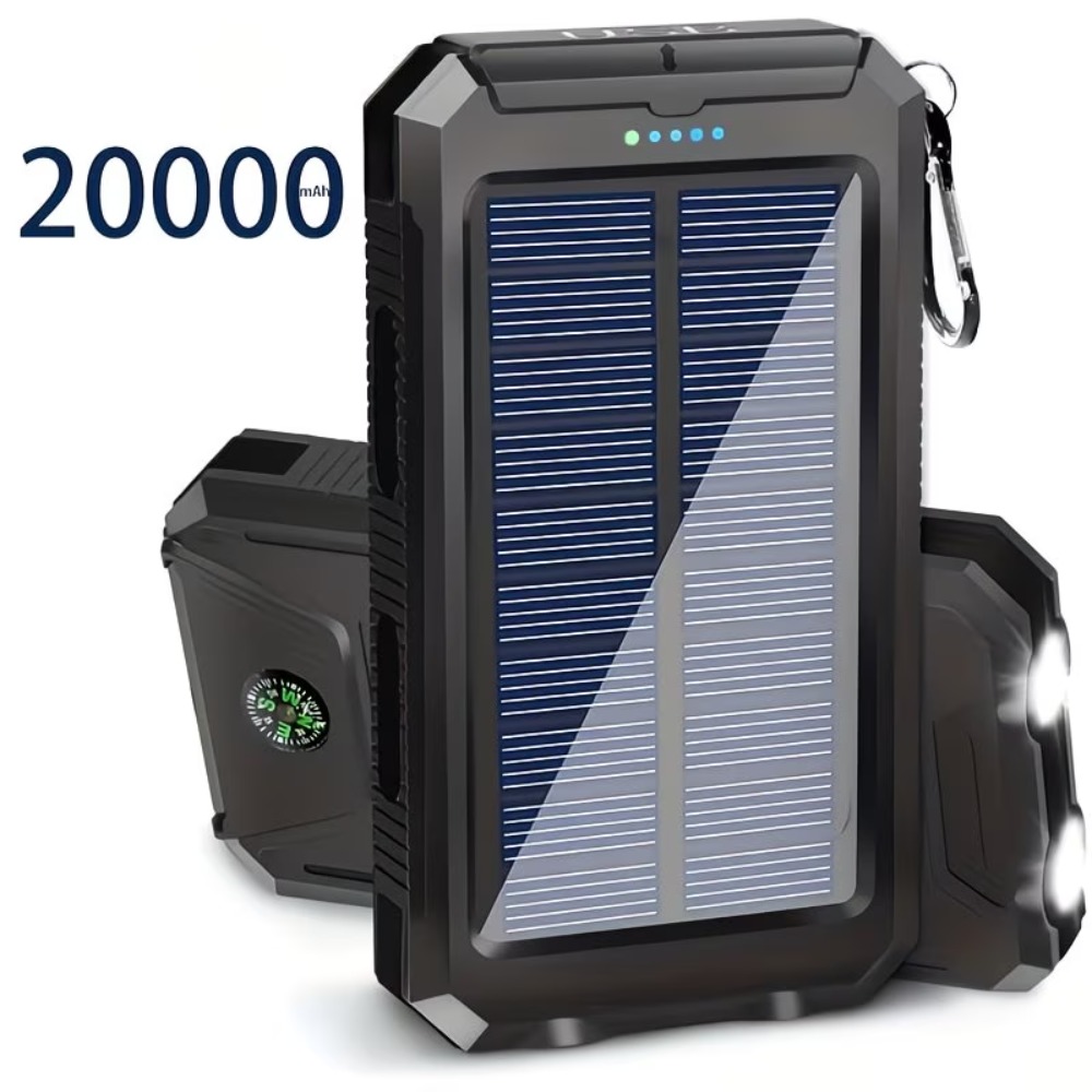 TEMU Banque d'alimentation solaire 20000mAh, chargeur solaire portable avec double ports USB 5V, lampe de poche et intégrées