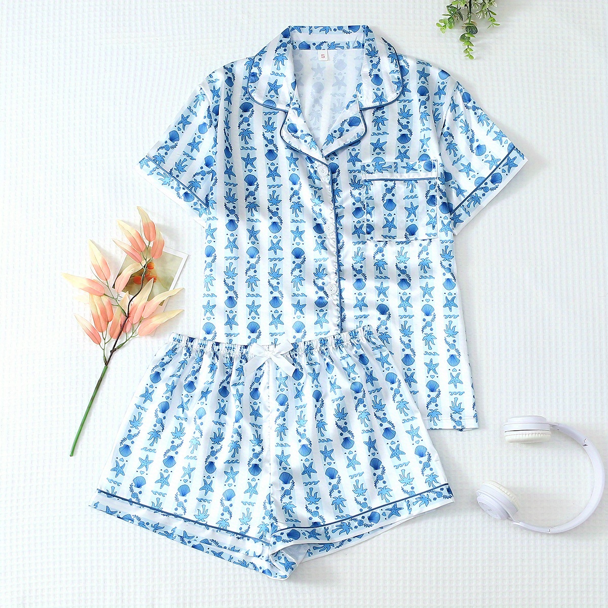 Teen'S Blue and White Striped Shell Starfish Print Short Sleeve Shorts Pajama Set, Casual Style, Regular Fit, with Bow Detail, for Fall/Winter, Perfect for Home Wear, Pajamas for Teens, Cozy Home Attire|Striped Pattern| Fabric, for Outdoor, For Teenager, Summer Clothing|Pajamas for Girls and Teenagers| Teenagers' Star Sea Theme Pajama Set- Large and Small Sizes Available- Star Fairy Fly Change Free Flapping Tassel, Safe Teenager, Safety Regulations Suit for Most Family, Clear Intimate, For Teenager