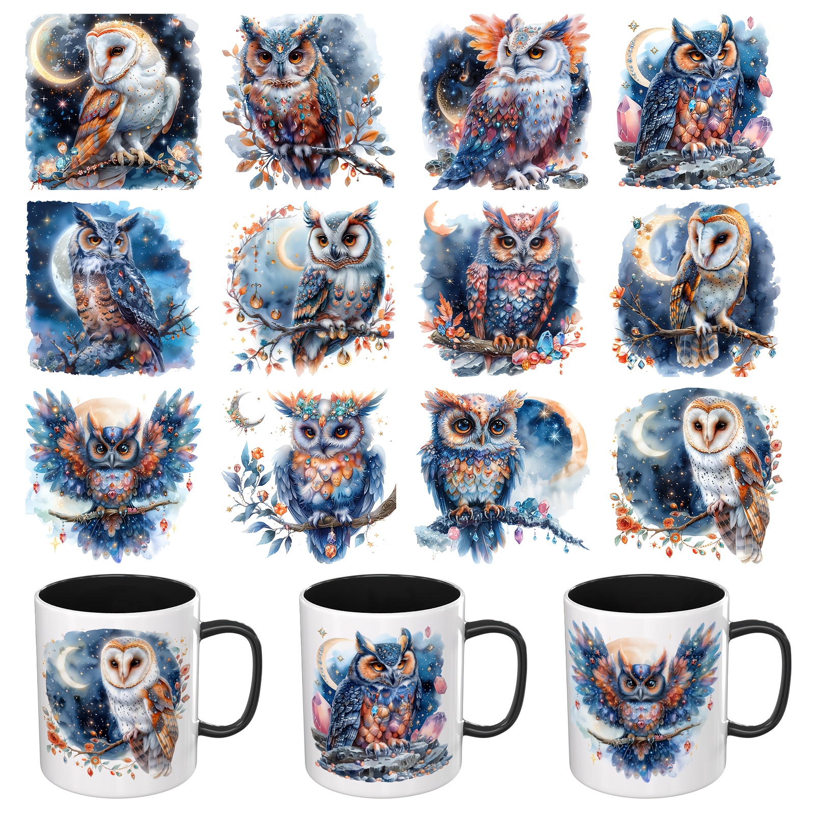 Image of 12pcs Starry Owl Uv Dtf Stickers - High , Suitable For Glass Cups, Mugs, Car Windows, Wardrobes, Notebooks, Uv Transfer Stickers. Includes Stickers, Does Not Cups