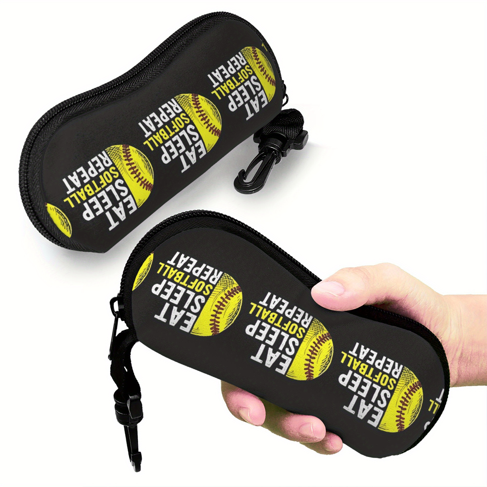 TEMU Étui de softball 1 pièce "Mange Softball Répète" pour homme et femme, pochette à fermeture éclair pour lunettes avec mousqueton et support de ,
