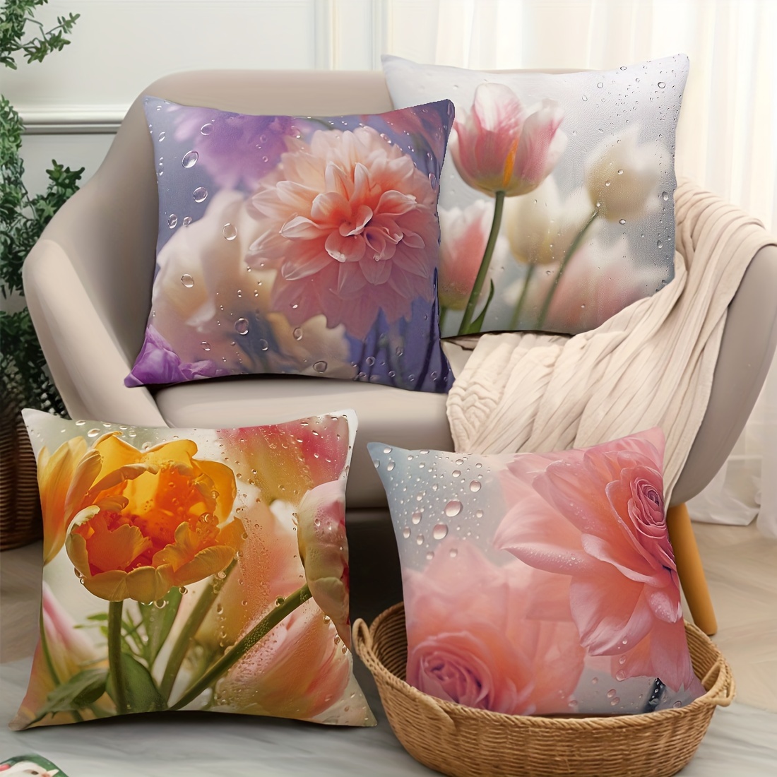 4pcs 17 72x 17 72inch   glass flower   pillow   set car cushion cover living room sofa bedroom pillow bedside backrest pillowcase home decoration pillow   double sided printing Product details 4