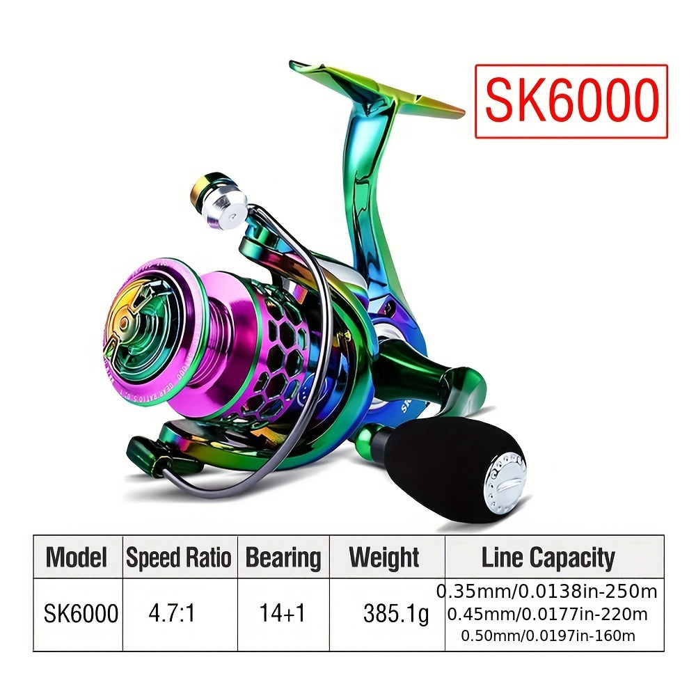 TEMU 1 Fishing Reel, 14+1 Bb Spinning Reel, 1000-6000 Series Long Wheel, Seamless Line Reel, Drag Force 25.00kg/ 55.12lbs, Metal Body, Suitable For