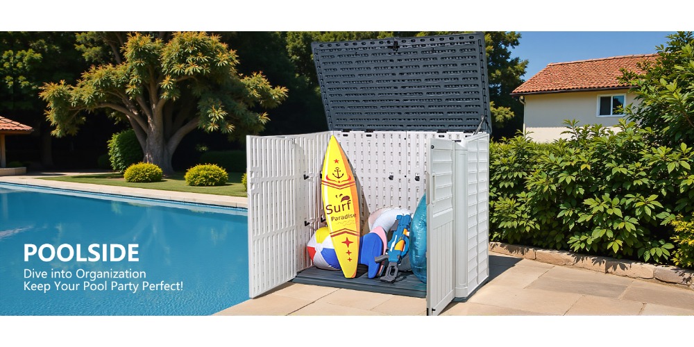 Devoko 34 Cu Ft Resin Outdoor Storage Shed - Waterproof Double Lock Security, No Shelf Design for Trash Can, Garden Tools & Pool Supplies, Durable Weather-Resistant Beige Organizer with Ventilation & Easy Assembly, Outdoor Storage Shed, Tool Organization, Ventilated Design, Sturdy Construction, Storage Sheds