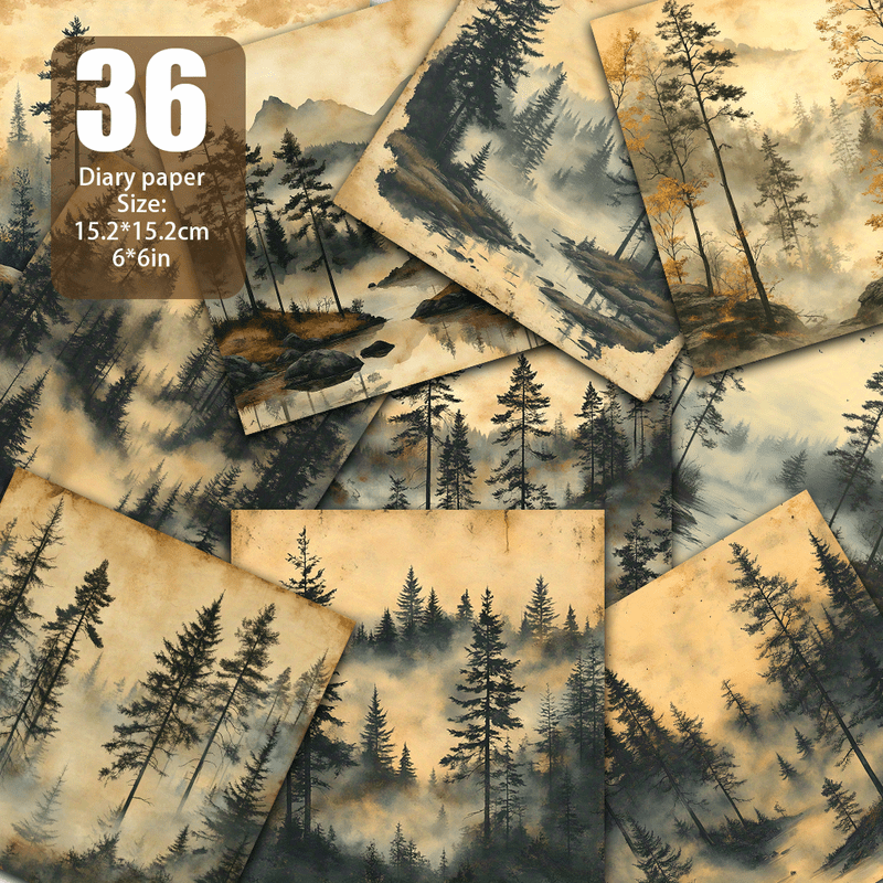 E-shop Retro-Waldlandschaft, nebelige Wälder und verblasste Blätter, weiche Erdtöne, abgenutztes Papier-Textur-Effekt. Geeignet für