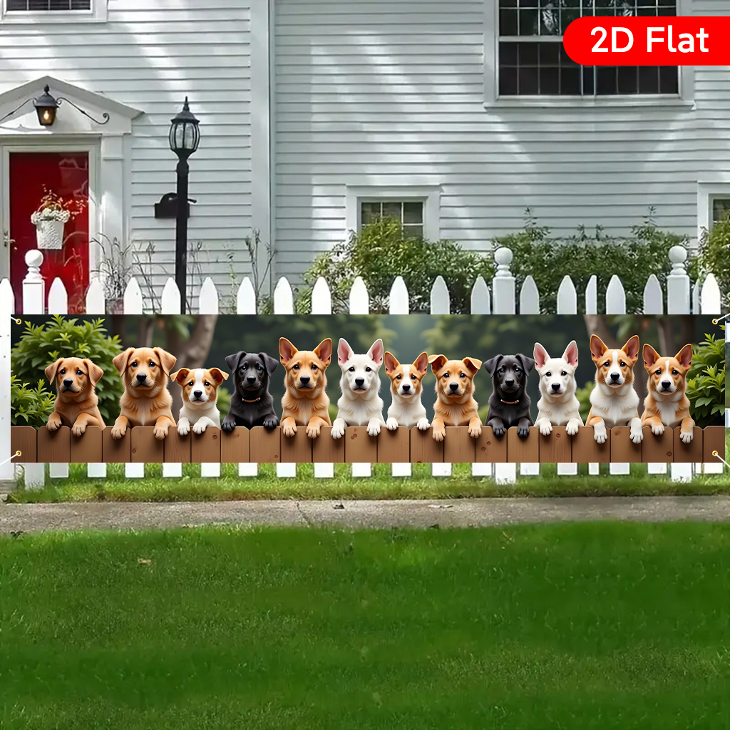 TEMU 2d Flat, 1pc Large Dogs On Fence Banner - Cute Puppies Party Decoration, Durable Polyester Yard Banner For Birthday, Wedding, Anniversary,