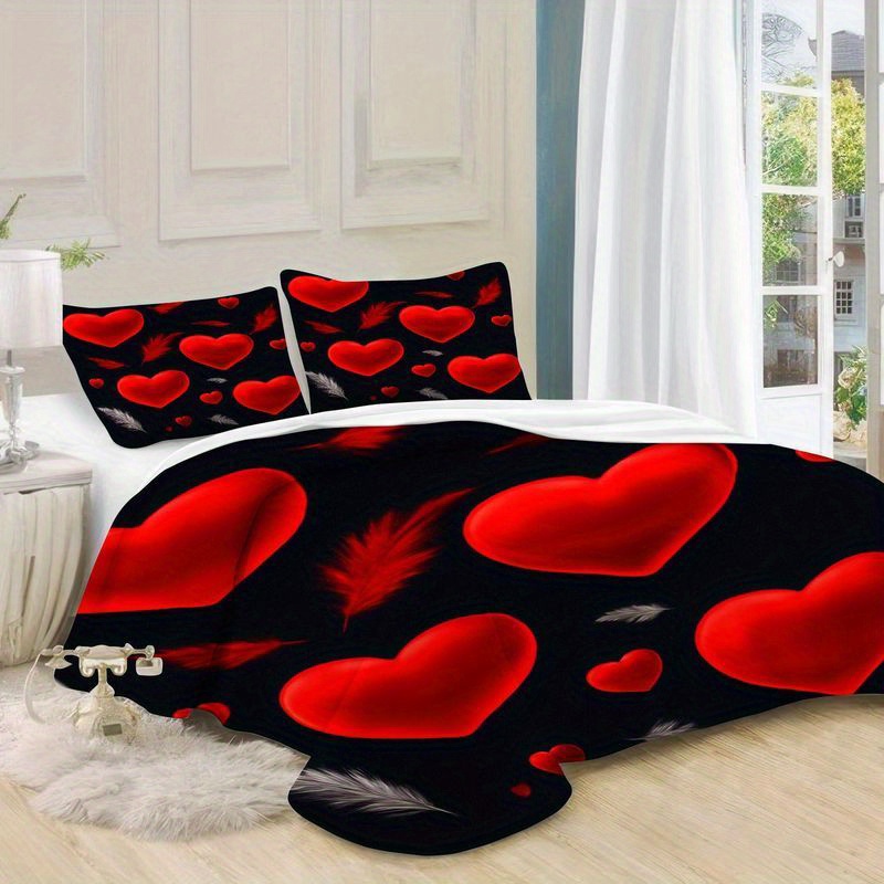 3pcs romantic heart pattern duvet cover bedding   red hearts black background comforter with pillowcases soft breathable microfiber fabric modern bedroom decor for couples master room 1 2 pillow cases Product details 6