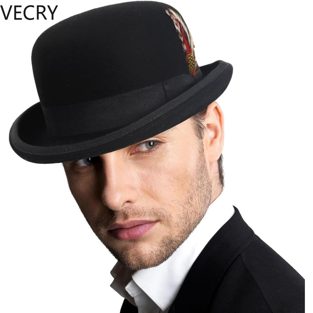 

1pc Vecry Men's Wool Felt Bowler Hat With Feather - Charm Style, Non-stretch Fabric, Ideal For Christmas, Thanksgiving, Father's Day