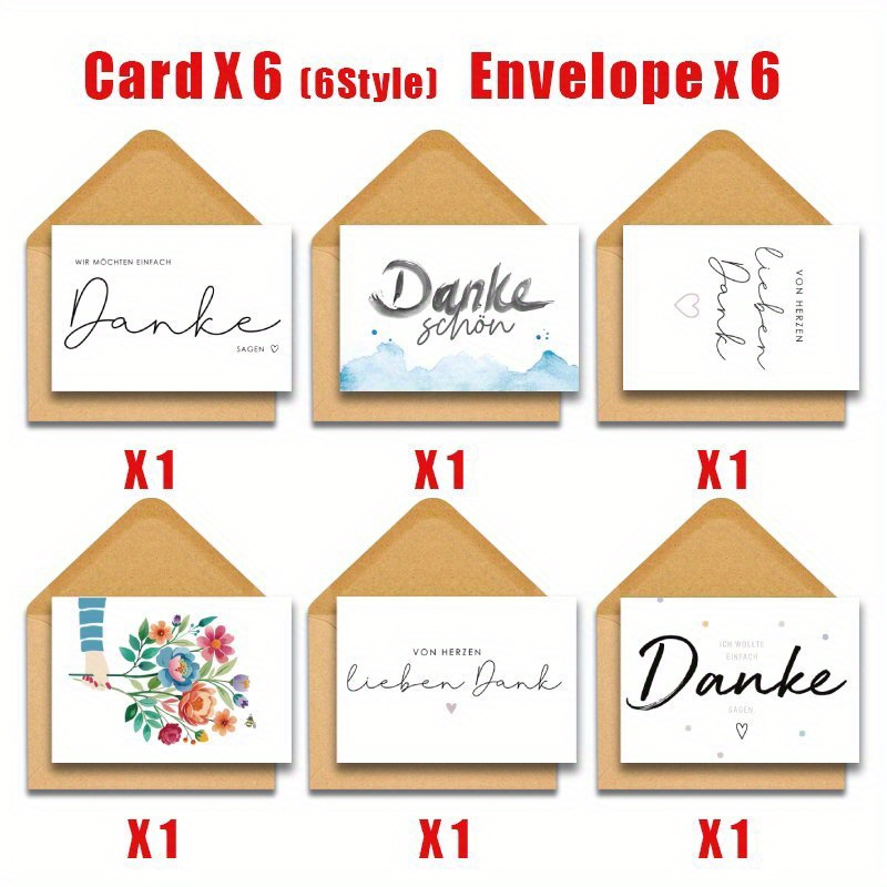E-shop 12er-Set Minimalistische Deutsche Blanko-Dankeskarten mit Umschlägen - Vielseitiges Notizkarten-Set für Alle Anlässe, Elegante Designs für