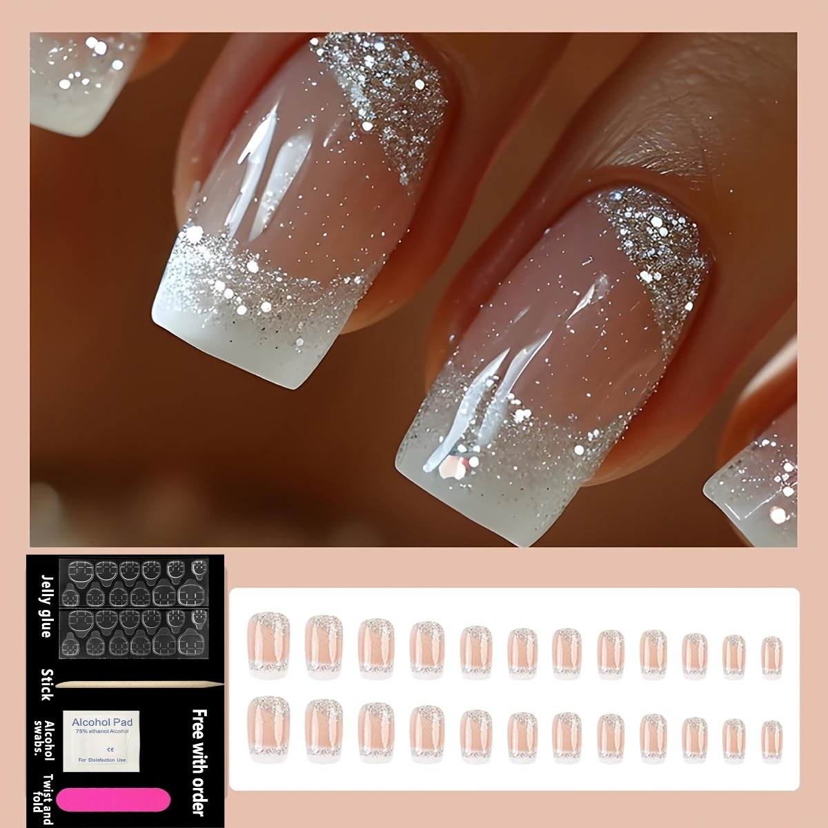 Image of Medium Square Glossy Press On Nails 72pcs, Nude White French Silvery Glitter Gradient Nail Art, Complete Manicure Accessory Set As Travel Anniversary Graduation Gift