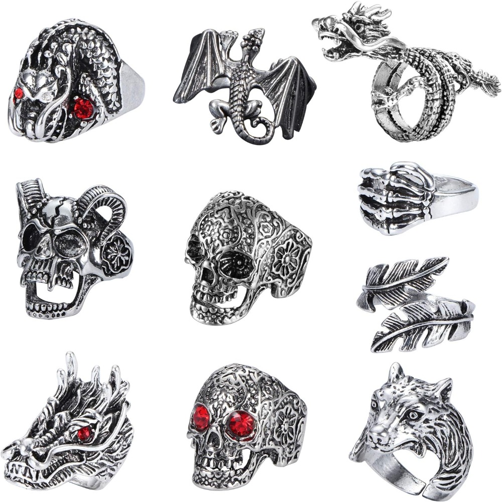 10pcs Gothic Adjustable Rings For With Skull Dragon Designs Vintage Grunge Style Punk Fashion, For Teenager