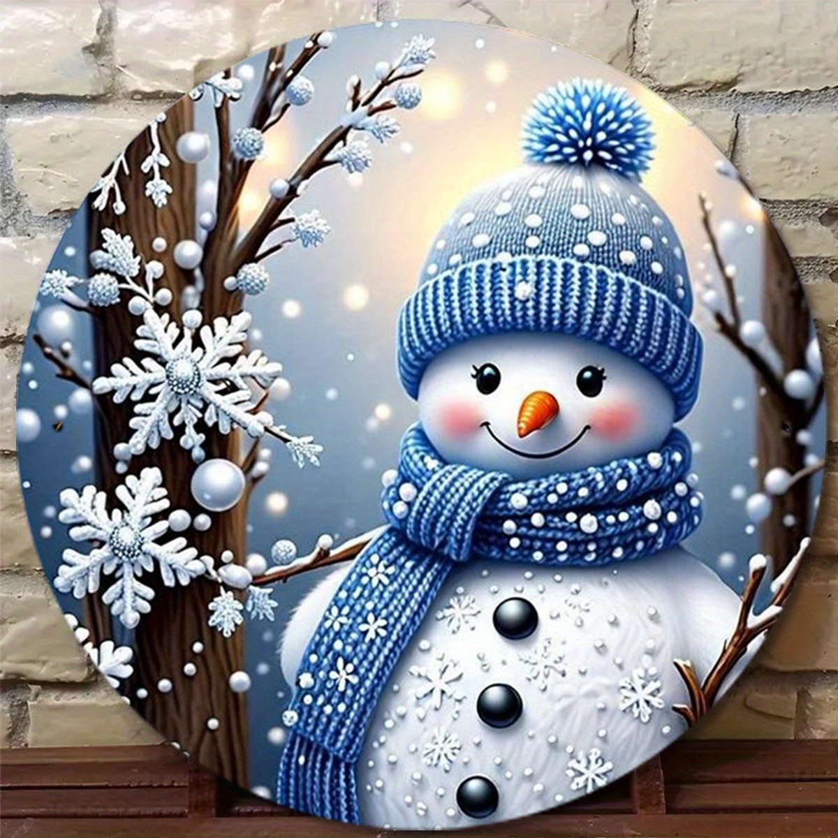 TEMU 2d Flat, 1pc Vintage Winter Snowman Wall Sign - 20.32x20.32 Cm Round Aluminum Metal Rustic Decoration With , Scarf, Snowflakes & Evergreen