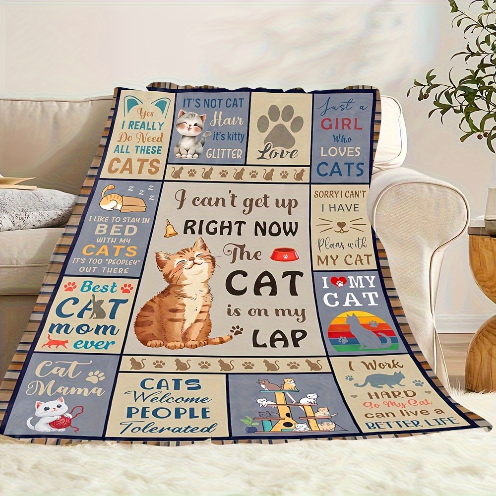 1pc Cozy Whimsical Cat-Themed Throw Blanket with Text Adorable Cat  Illustrations Soft Polyester, Warm Comfortable, Ideal for Napping,