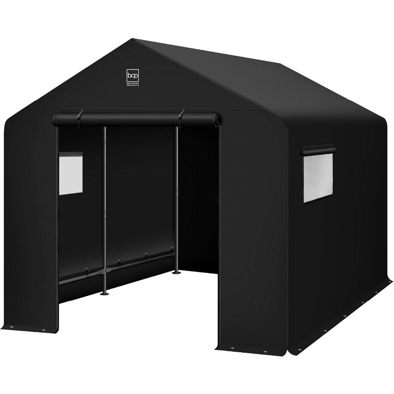 10x8ft Heavy-Duty Outdoor Storage Shed with Dual Roll-Up Doors & Windows, Steel Frame Canopy Shelter - UV50+ Rated, Easy Assembly, for Motorcycle, Bike, Garden Tools, Lawnmower - Black, Backyard Organization, Weatherresistant Design, Longlasting Durability, Motorcycle Owners