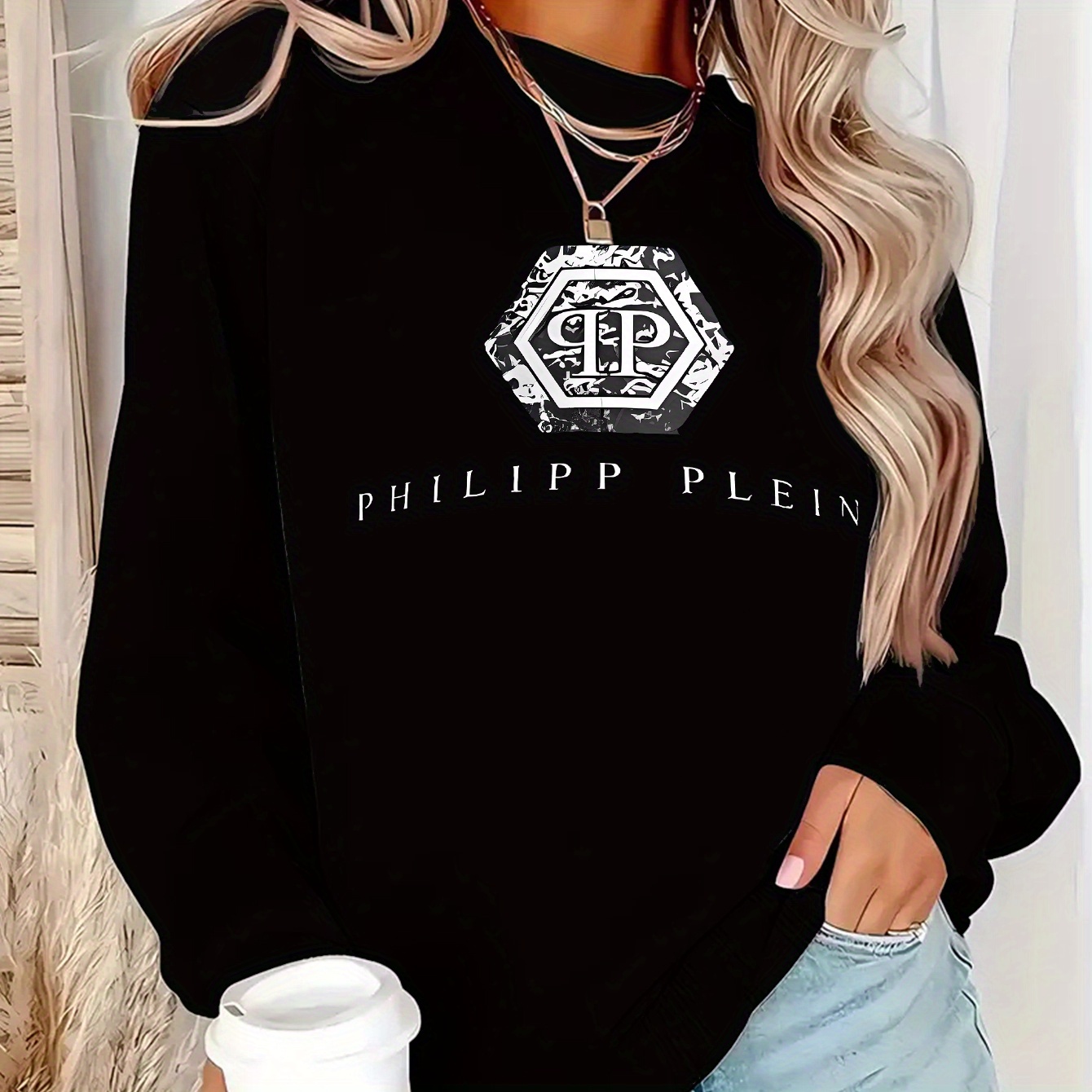 

Elegant Polyester Crew Neck Pullover Sweatshirt For Women, Alphabet Pattern Print, Long Sleeve Fleece-lined Casual Sportswear Top