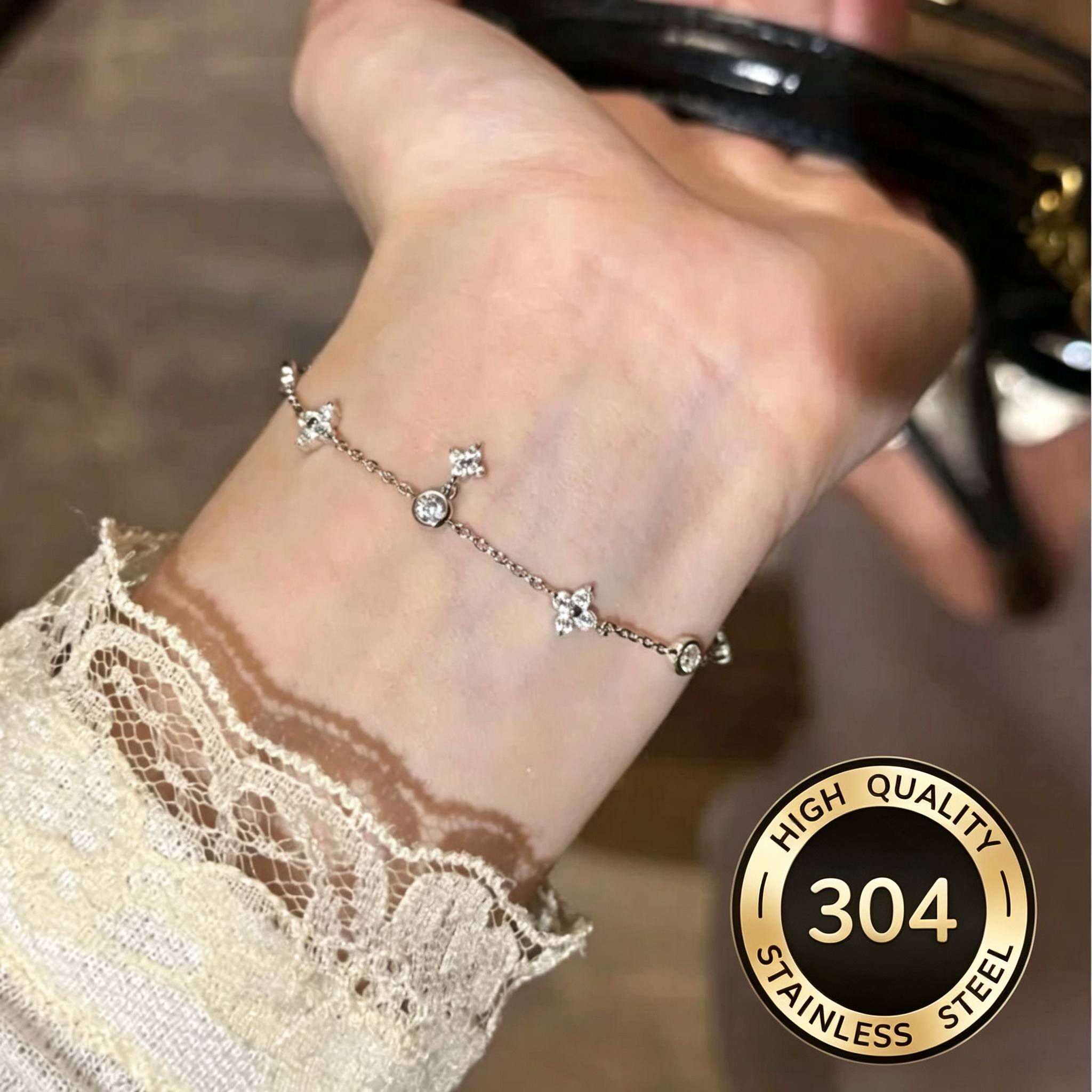 TEMU Bracelet 1 pièce en acier inoxydable 304 avec petite fleur, mini bracelet à fleur de luxe léger, réglable et délicat