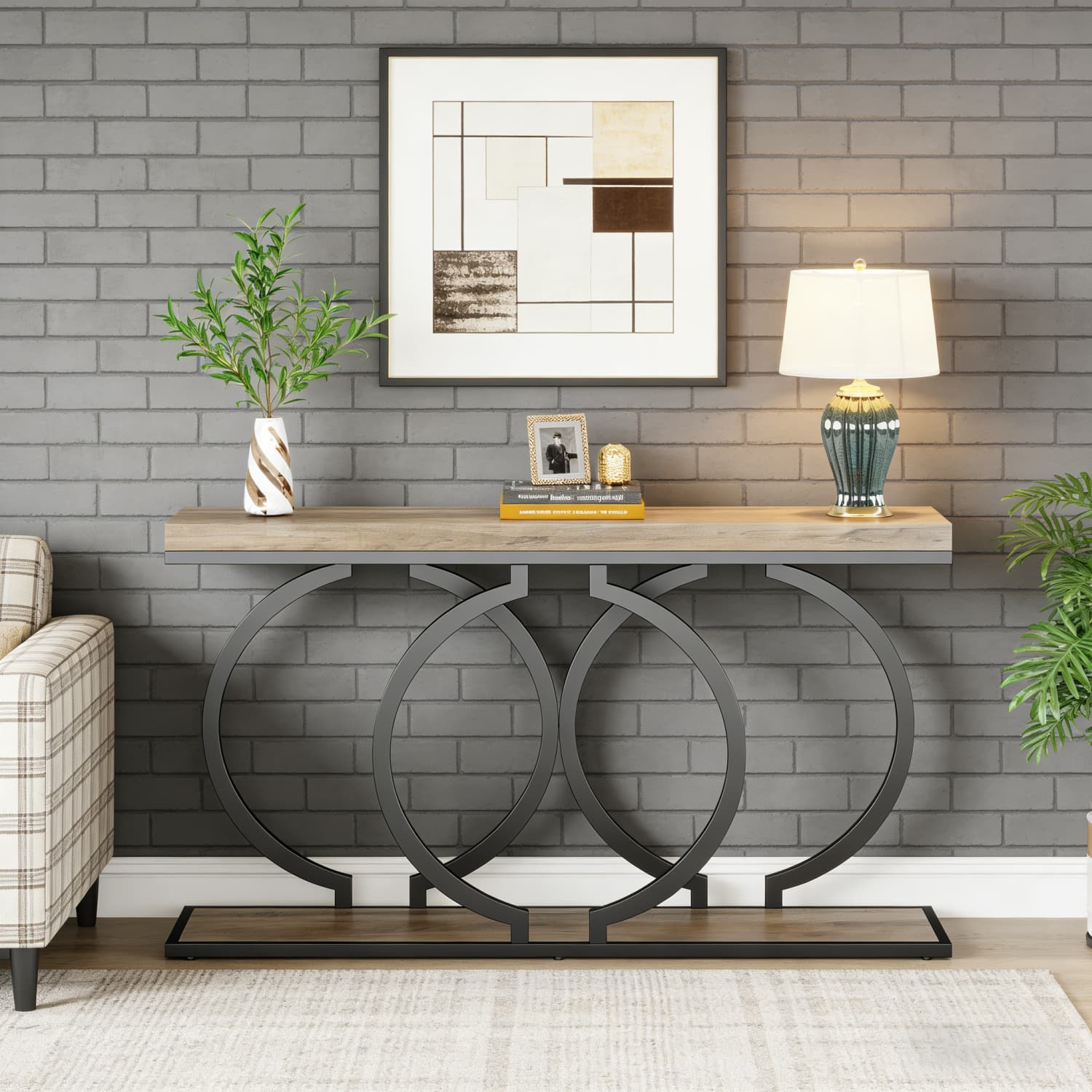 Image of 140cm Gray Console Table, Modern O-shaped Black Metal Legs Wooden Sofa Table, Hallway Foyer Table For Living Room, Gray And Black