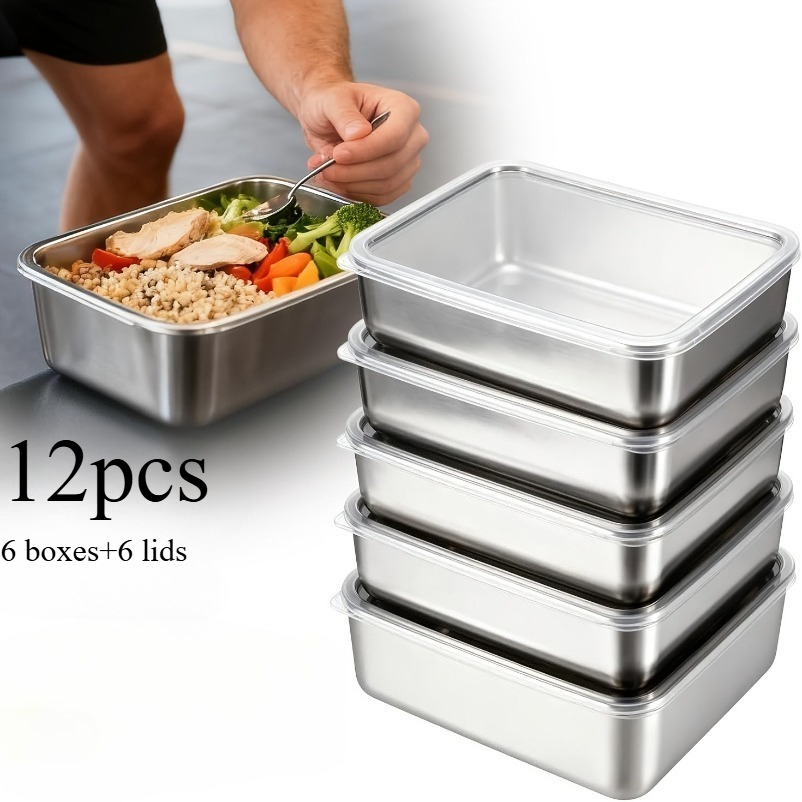 12pcs high quality stainless steel food storage containers with lids 6 lids 6 boxes 410 grade stackable freezer safe square dishwasher safe airtight for vegetables meat cheese meal prep pantry organization