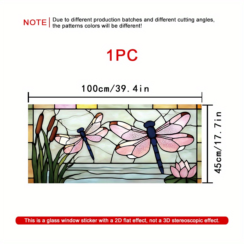 TEMU 2d Flat - 2d Flat - 1pc Of 2d Stained Glass Window Film Featuring Pink-winged Dragonflies Lotus Flowers And On A Rippled Water Mosaic, Designed