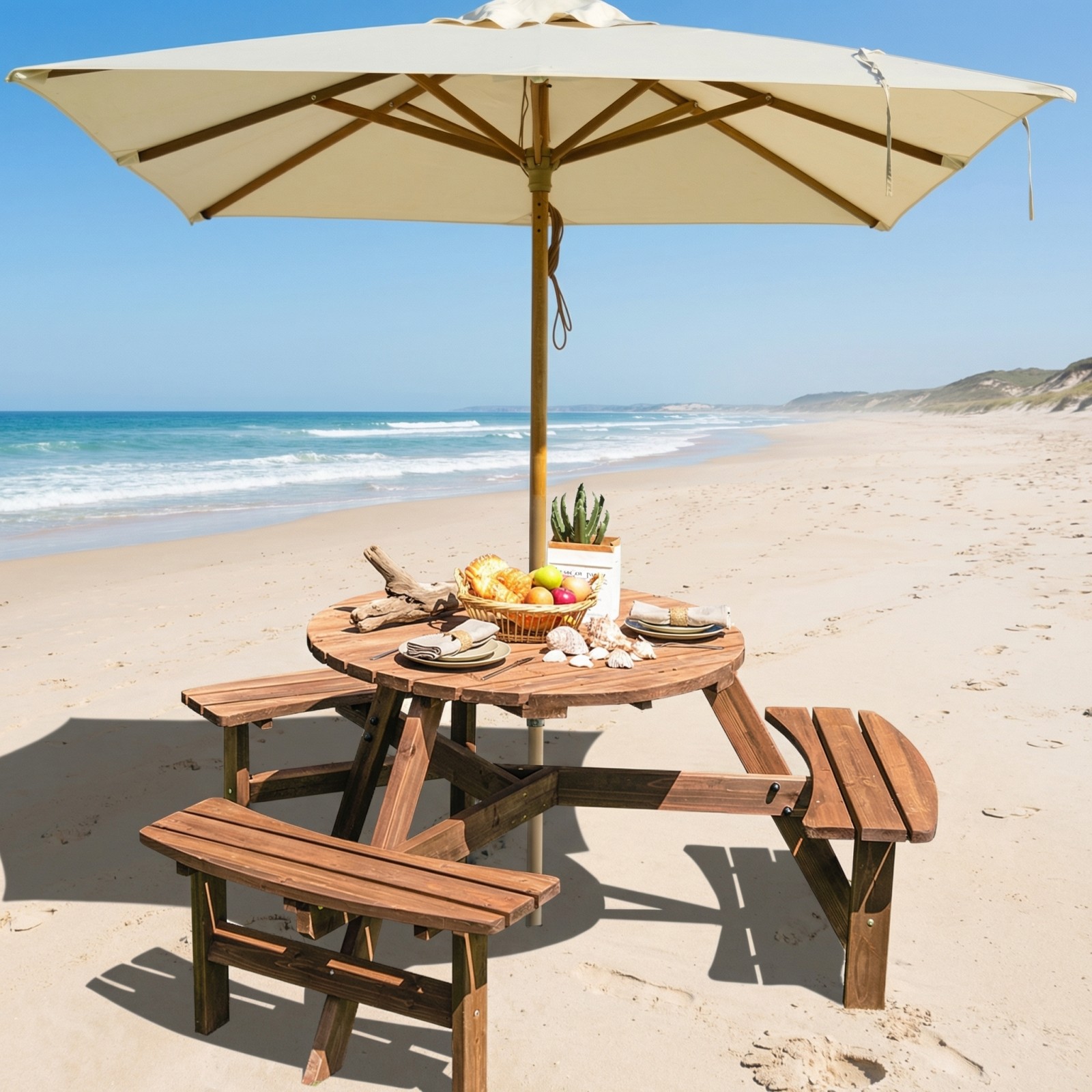 6-Person Outdoor Wooden Picnic Table, Round Table And 3 Benches with Umbrella Hole, Outdoor Seating And Dining Furniture for Patio Garden Backyard Lawn, 1700 LBS Capacity