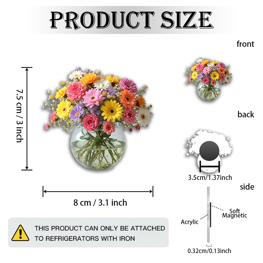 TEMU 1pc 2d Flat, Acrylic And Rubber Soft Magnet, Vibrant Floral - Round Glass Vase Bursting With Colorful Daisies And Wildflowers - Perfect For Home