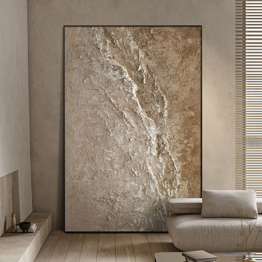 Hand-Painted Modern Minimalist Abstract Oil Painting - Golden & Beige Neutral Wall Art, Designer Style Textured Brushstroke suitable for Living Room, Bedroom, Office - Elegant Wabi-Sabi, Hand-Painted Oil Painting for Modern Interiors