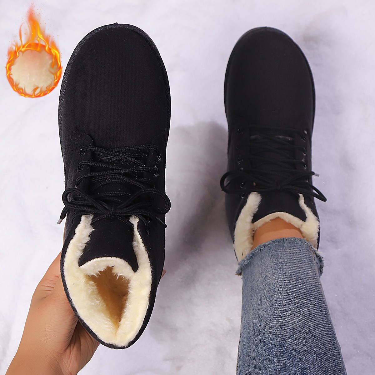 TEMU Plover Women's Warm-lined Ankle Snow Boots With Cover Upper & Sole - Thick Low Heel Round Toe Lace-up Winter Boots Suitable For Ice, Snow, Daily