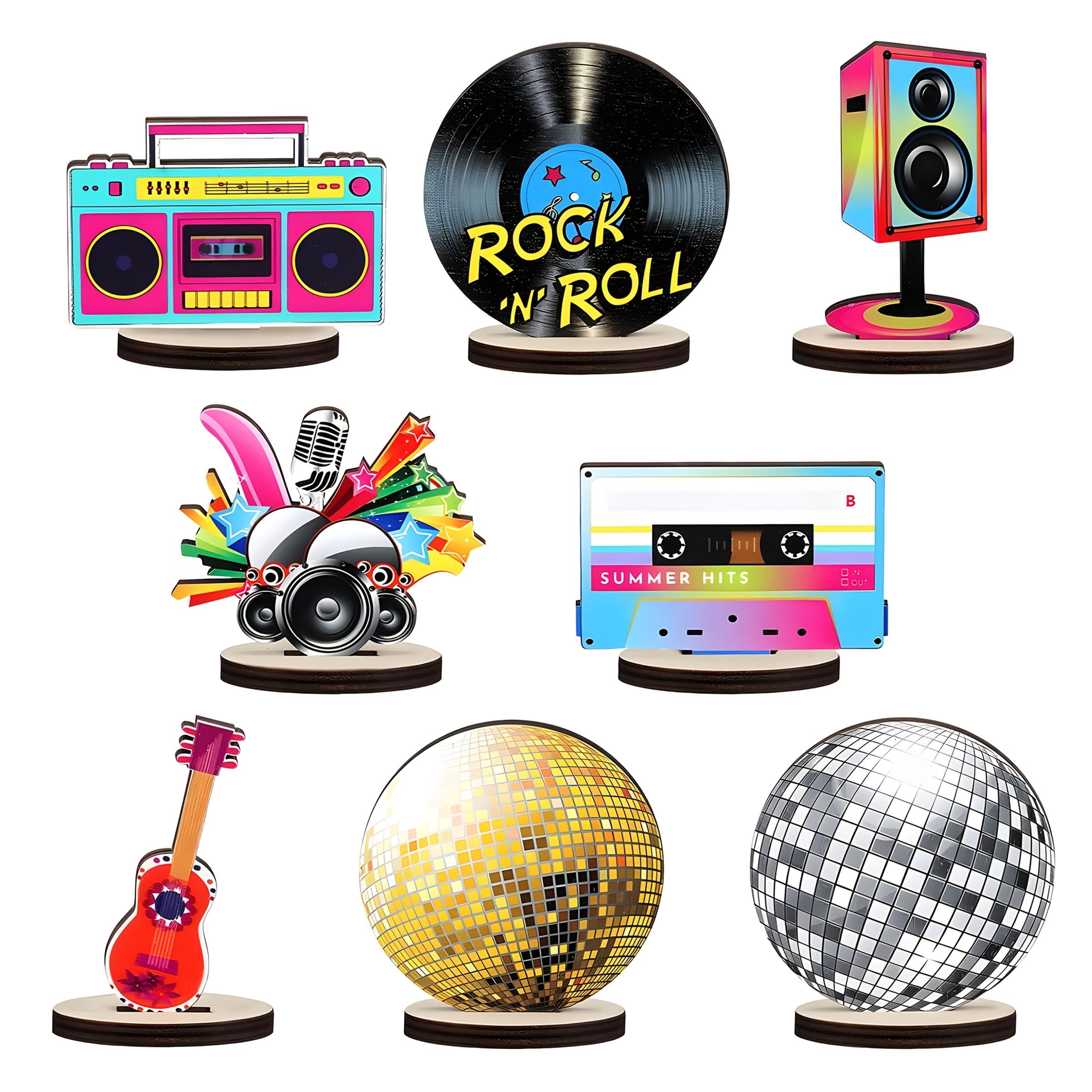 TEMU 8pcs Centres de table en bois Disco 70S, décorations de fête Disco, de disques de rock rétro, thème de guitare boule Disco 1970S, musique