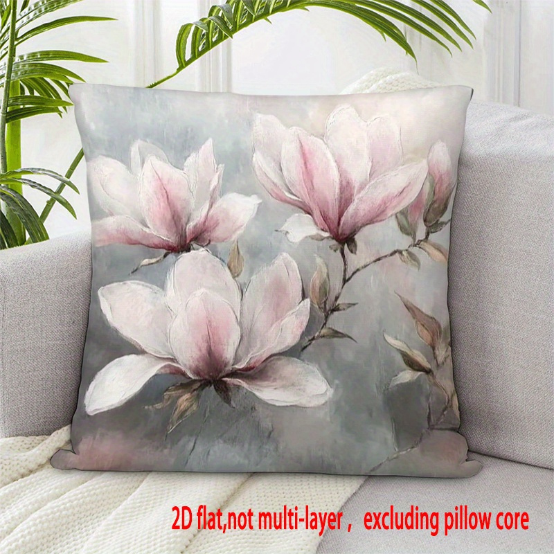 TEMU 1pc Magnolia Pillowcase- Double-sided Soft Pink And Gray Floral With Zipper Closure, Suitable For Sofa Room Or Wedding- Machine Washable(no ),