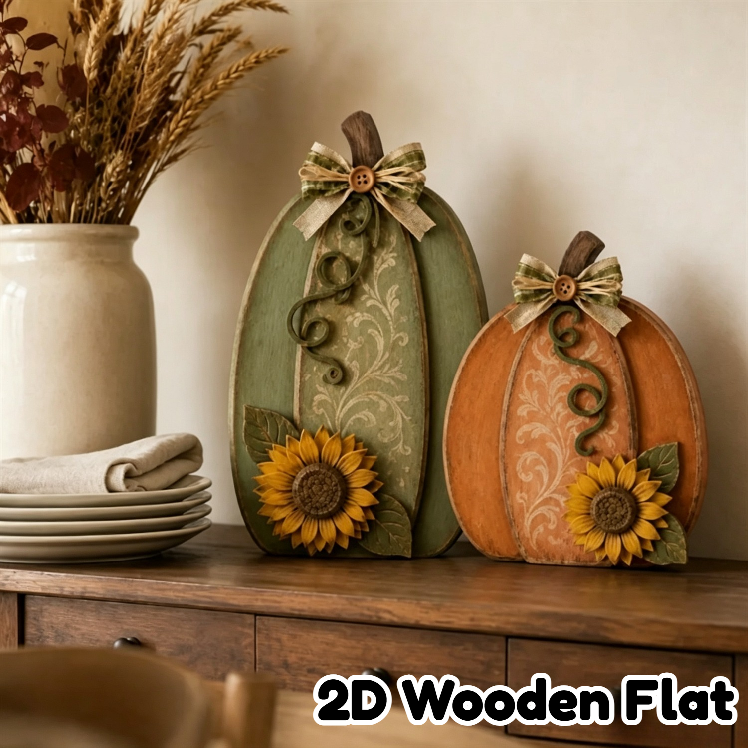 TEMU Set di decorazioni da con zucche di legno piatte 2D (2 pezzi), centrotavola con zucca di legno, design e accenti di , per decorazioni autunnali