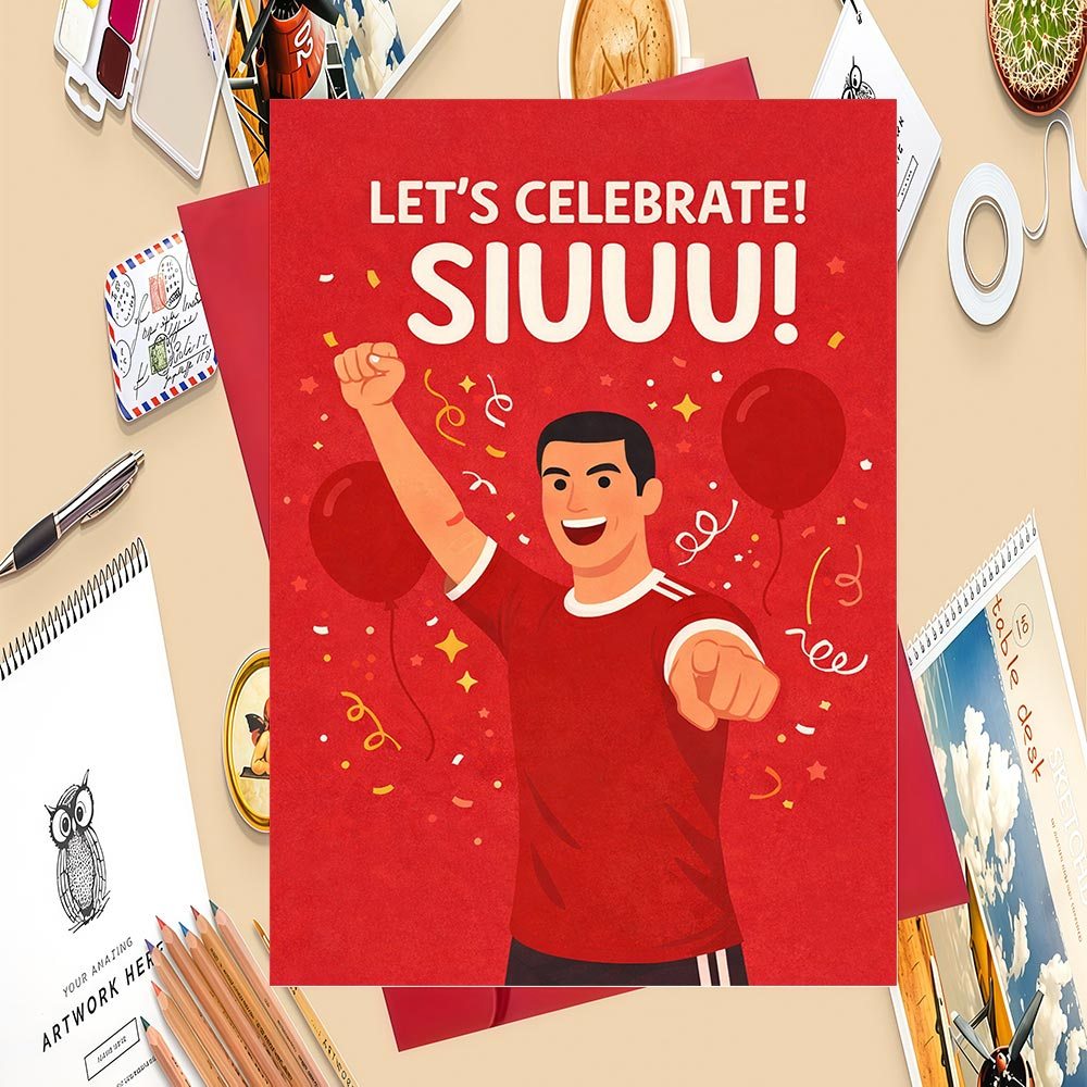 TEMU 1 Soccer Celebration Greeting Card Featuring The "siuuuu" Classic Moment Design, With A Matching Envelope. Suitable For Soccer Parties, Birthday