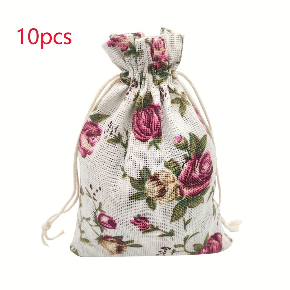 TEMU 10pcs Rose Print Linen Drawstring Gift Bags, Jewelry Packaging Bags, Suitable For Weddings And Parties, Size 10cm X 14cm( 3.94inch X 5.51inch) -