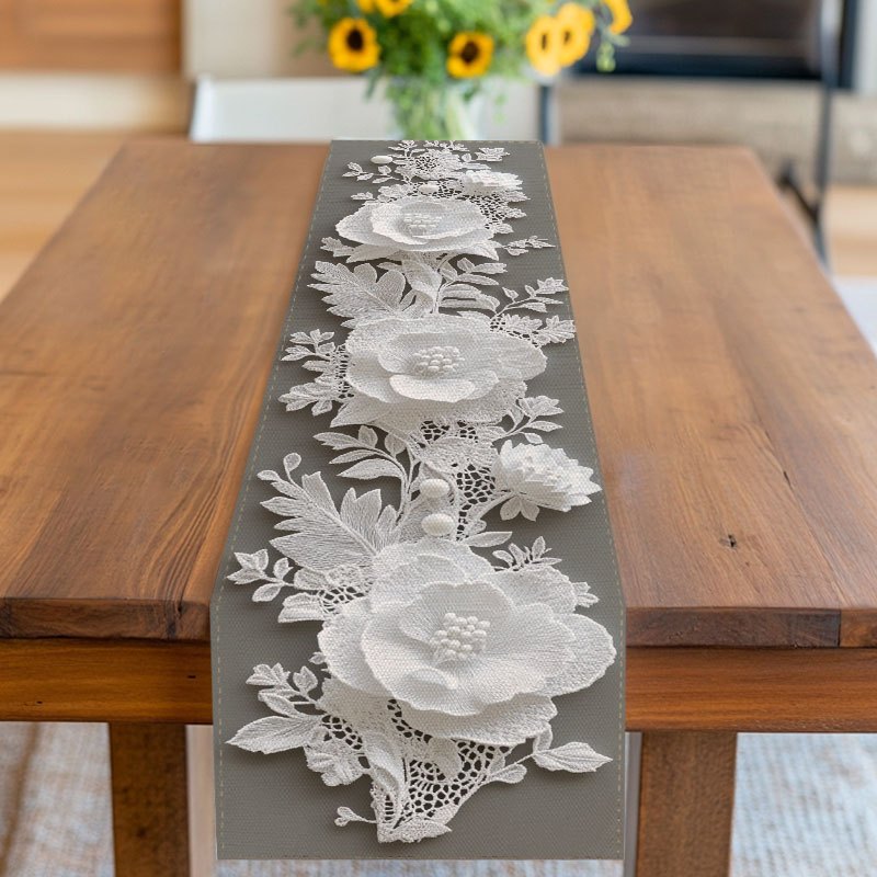 E-shop Eleganter Tischläufer mit weißem Blumendesign, 2D-Druck, geeignet für Hochzeit, Jahrestag, Party, Picknick, Zusammenkunft, für Küchen- und