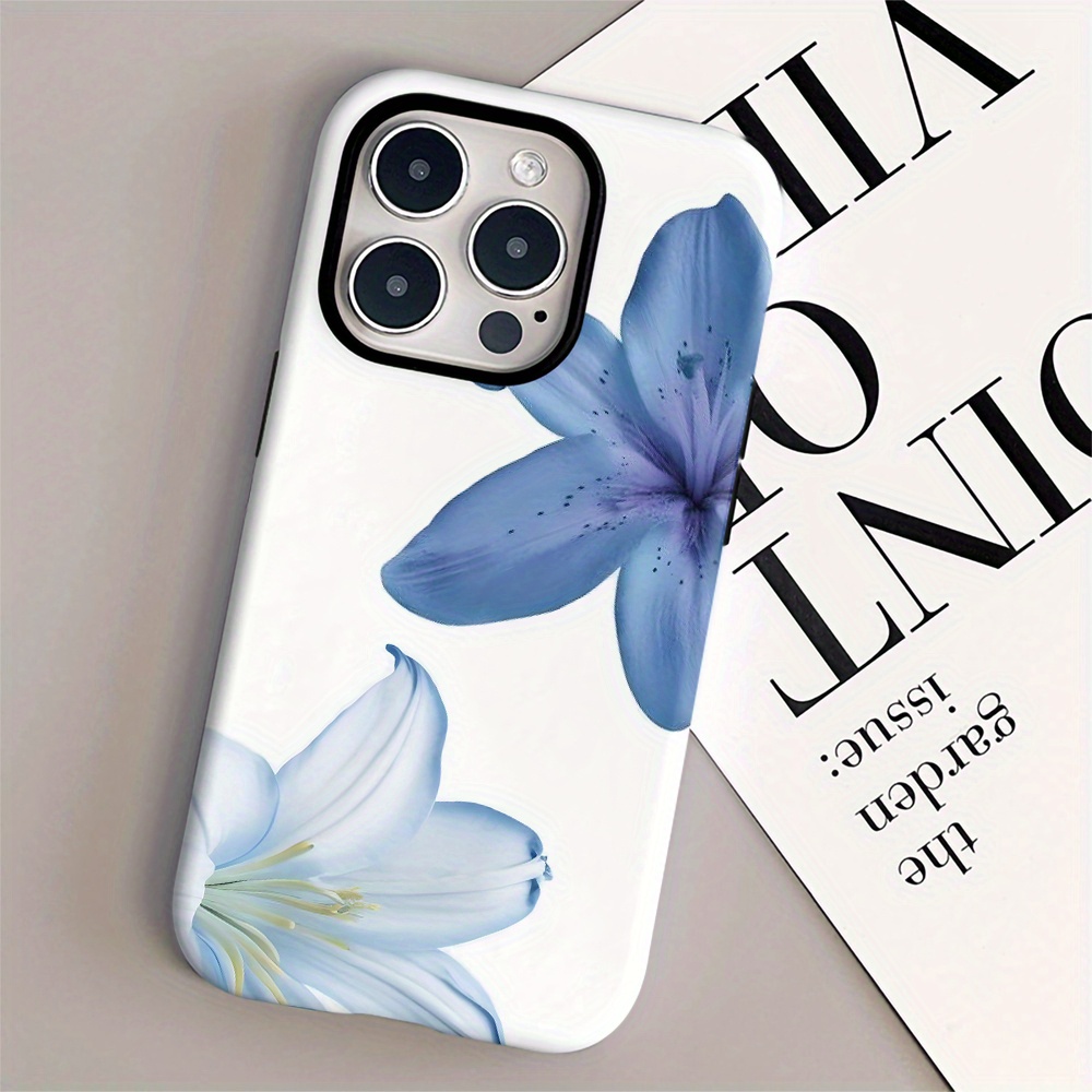 TEMU Phone Case - A Blue Floral Charm Dual-layer Phone Case Compatible With For Iphone X/11/12/13/14/15/16/17/pus/pro/promax, Featuring -one Sturdy