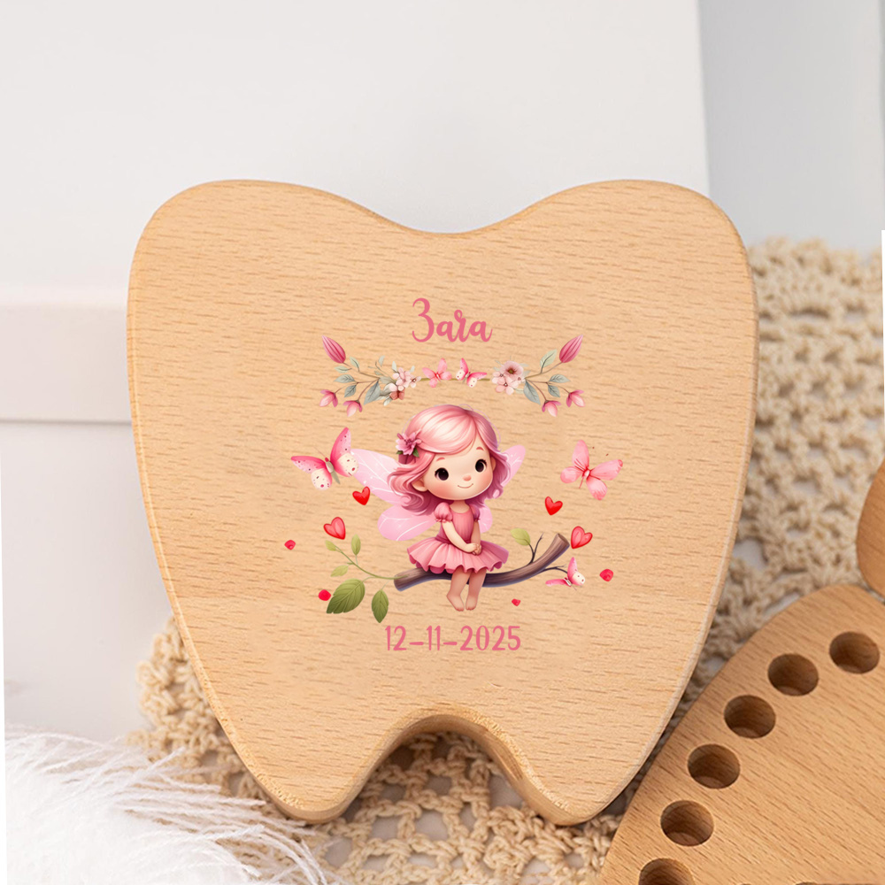 TEMU Personalized Tooth Fairy Box - Custom Name & Date - Wood Tooth Keepsake With Fairy & Elf Patterns - ' Storage Box For , Christening, Birthday