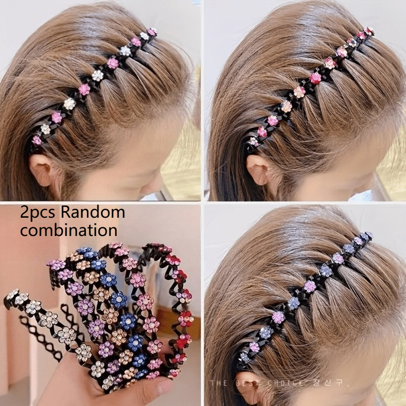 Image of 2pcs Random Style Exquisite Headbands - Women's Face Washing Headband, With Teeth For Anti-slip, Height-increasing , , Handmade Flower And Plum Embellished Hair Accessory, Suitable For Daily Wear